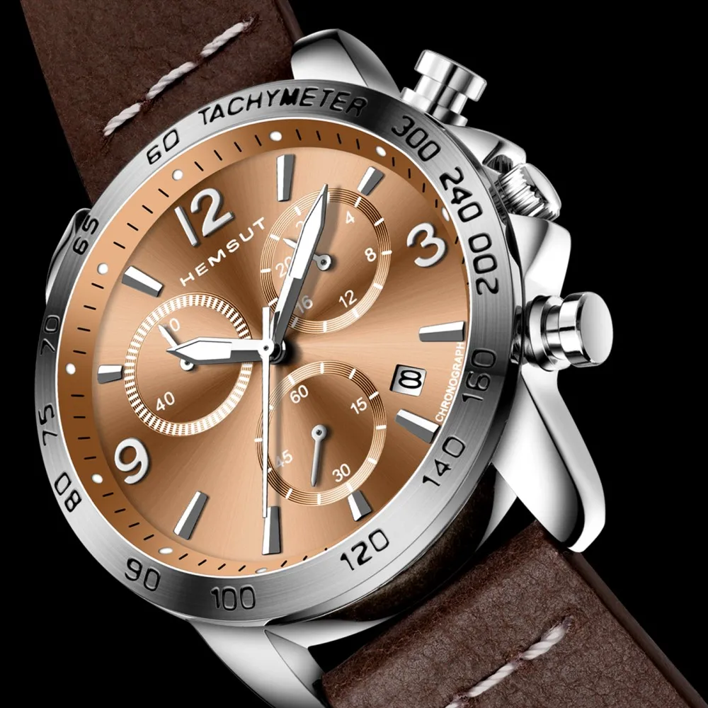 

HEMSUT New Men Watch Chronograph Watches Coffee Genuine Leather Band 3ATM Water Resistant mens Clock 2018
