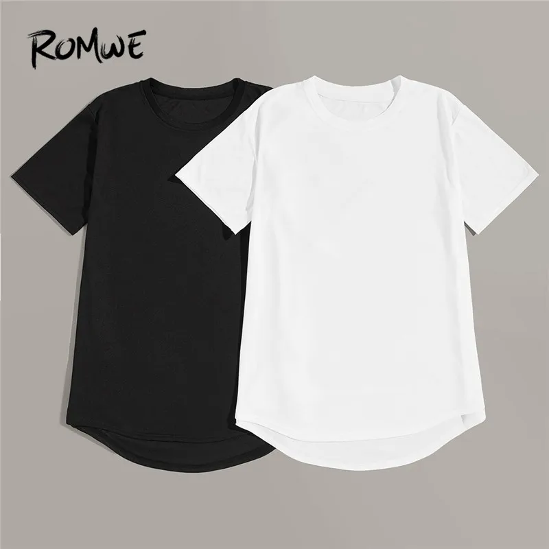 

ROMWE Men Black White 2Pcs Basics Tees Male O Neck Short Sleeve Asymmetrical Dip Hem Solid Casual T Shirts Pack of Two