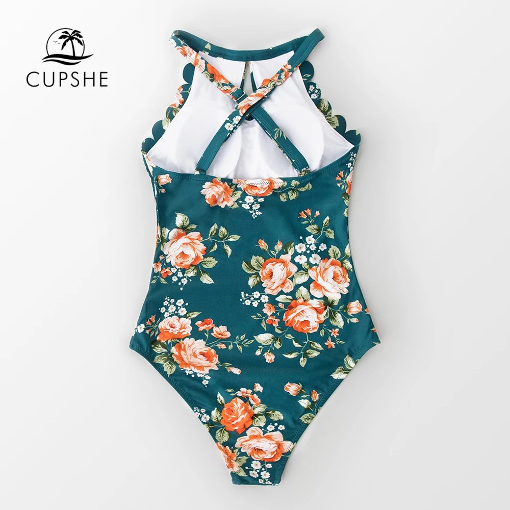 Günstig CUPSHE Grün Floral Scalloped One stück Badeanzug Frauen Ausschnitt Monokini Bademode 2020 Mädchen Strand Badeanzüge