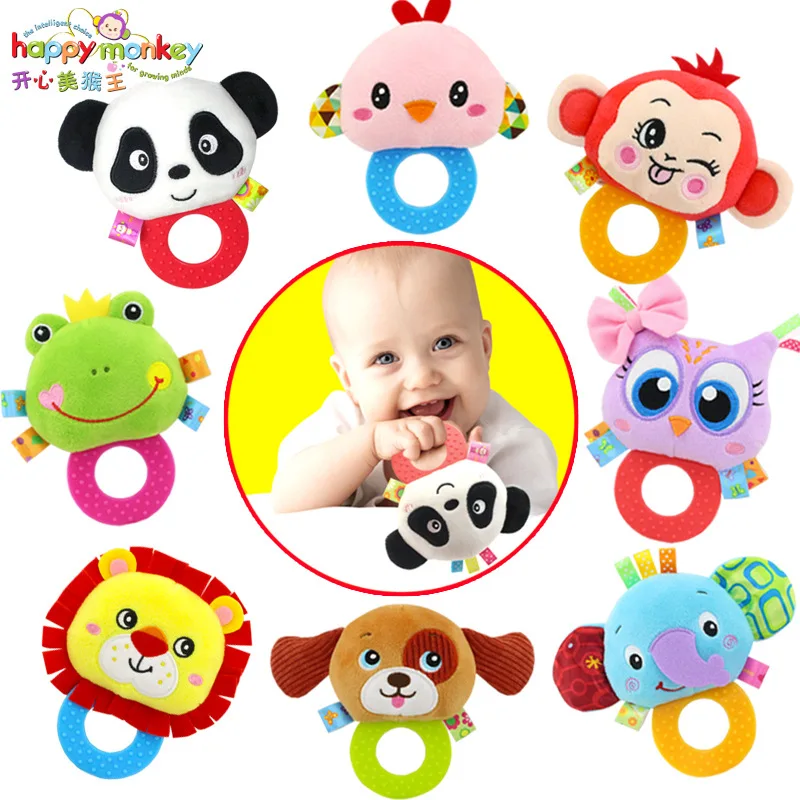 

Happy Monkey 3pcs/lot baby BB sounds rattle hand holding teether rattles baby bells 0-1 plush toys animal rattles random send