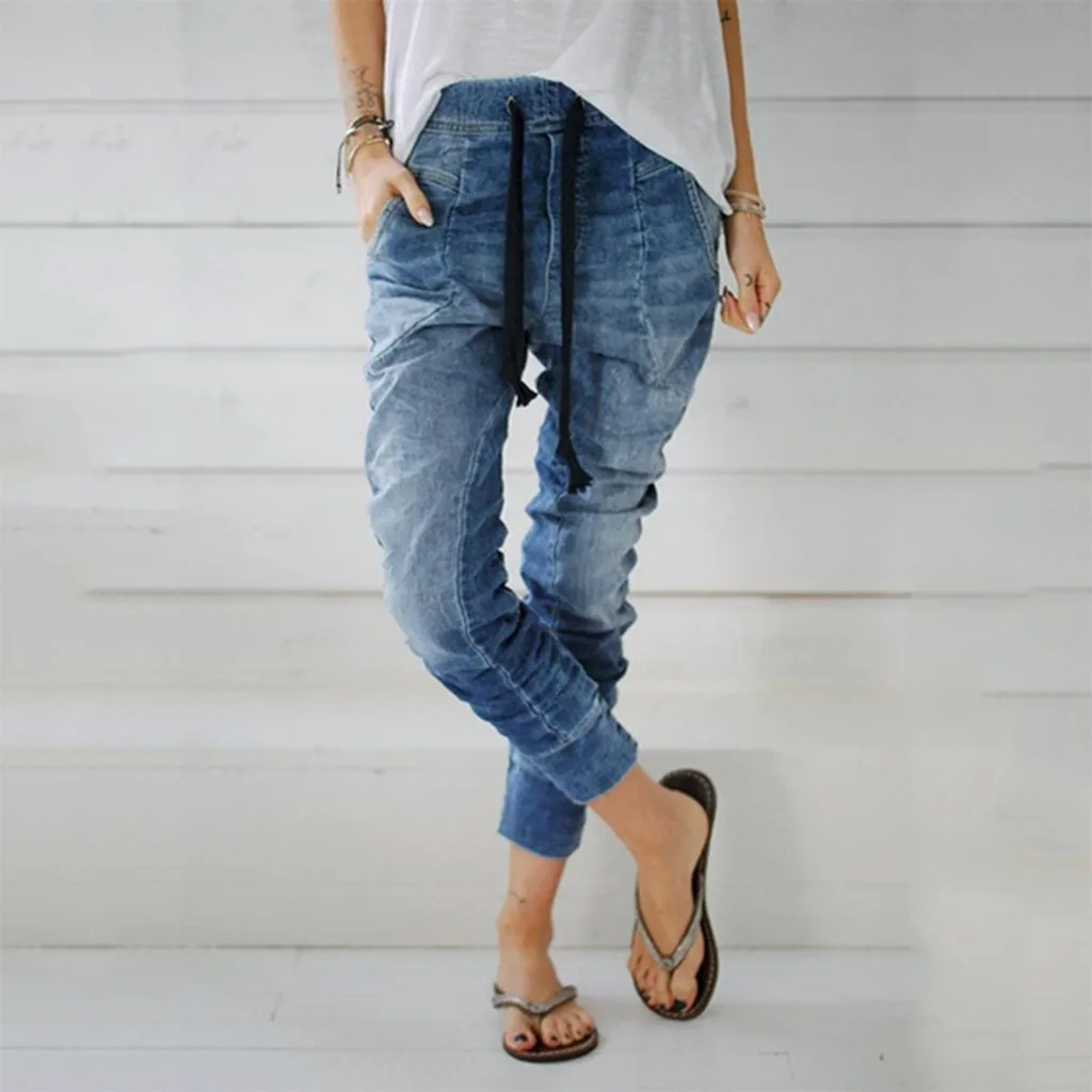 

Fashsiualy Women Summer Elastic Plus Loose Denim Casual Drawstring Plus Cropped Jeans High Street Style Drop Ship