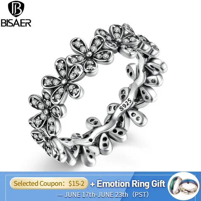 BISAER High Quality Wholesale Silver Heart to Heart Daisy Flower Ring AAA Zircon Cheap Rings Women Jewelry Dropship WEU7218