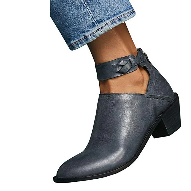

Litthing Fashion Womens Retro Hollow Out PU Leather Short Booties 2019 New Buckle Strap Zipper Pointed Toe Ankle Boot