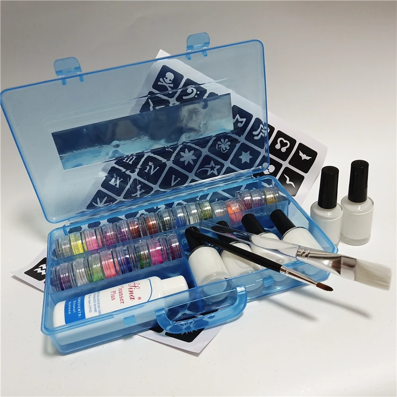 24 Colors Powder Shimmer Glitter 6 Glues 2 Brushes 1 Stencils 1 Cleansing Water For Temporary Tattoo Body Kid Face DIY Nail Art