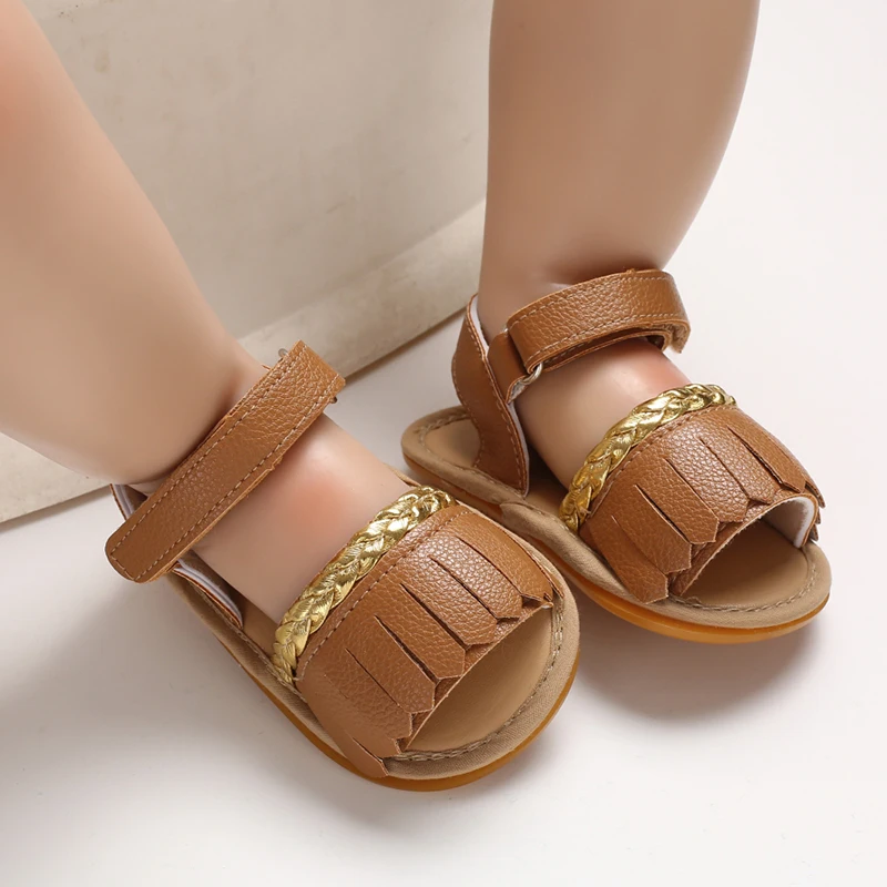 Newborn Baby Boy Girl 0-18M Summer Sandals Long Tassel Soft Sole Crib Shoes Anti-slip Prewalker - Цвет: Коричневый