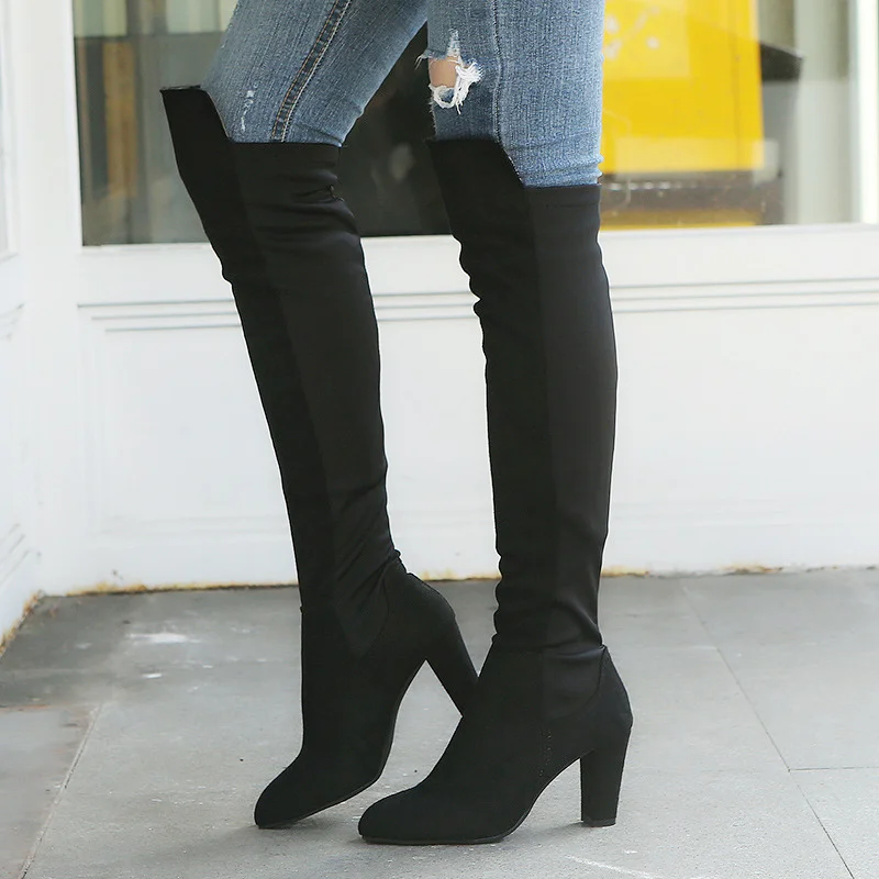

Plus Size 34-43 Autumn Women Over The Knee Boots Faux Suede High Heels Boots Female Patchwork Pointed Toe Sexy Ladies Shoes