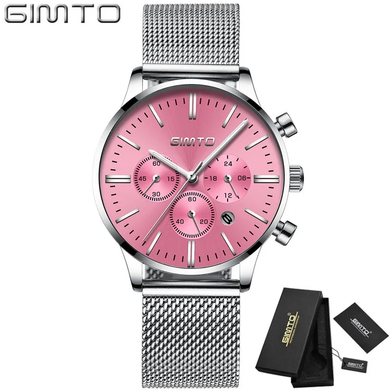 GIMTO модные женские часы сталь серебро золото Спортивные кварцевые женские часы в стиле кэжуал женские наручные часы Relogio Feminino - Цвет: Silver Pink Box