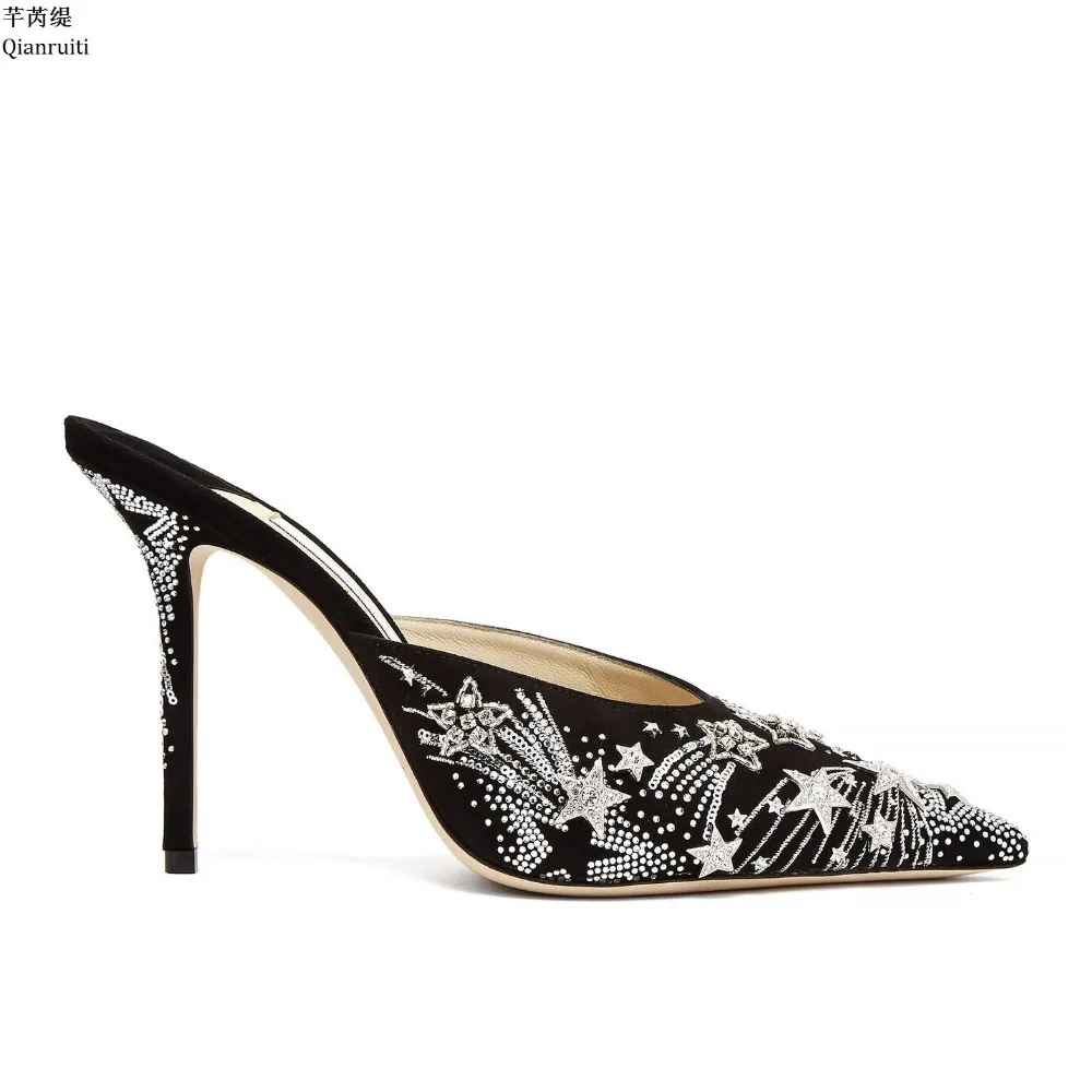 

Qianruiti Bling Studded Crystal High Heels Sandals Sexy Pointed Toe Stiletto Heels Women Pumps Faux Suede Slingbacks Women Shoes