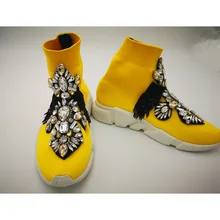 Желтая обувь; женские кроссовки со стразами; кроссовки со стразами и драгоценными камнями; модные кроссовки; женская обувь на плоской подошве; WK102