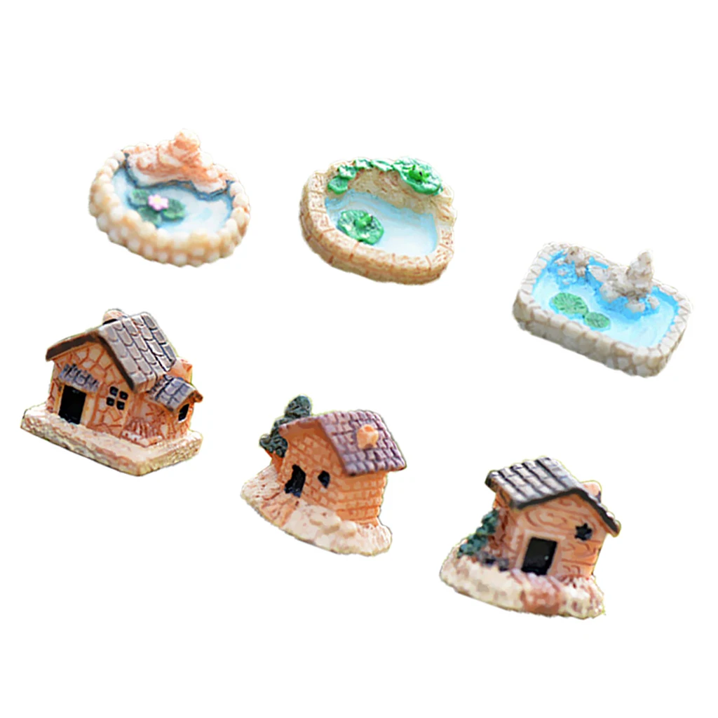 6pcs Handcraft Mini Resin Pool & House Figurine Micro Landscape DIY Fairy Garden Accessories