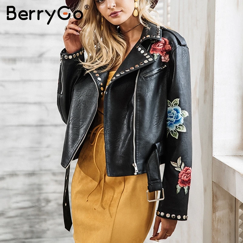 BerryGo Floral PU leather appliques rivet women basic jackets Streetwear black zipper outerwear femme Autumn faux leather coats