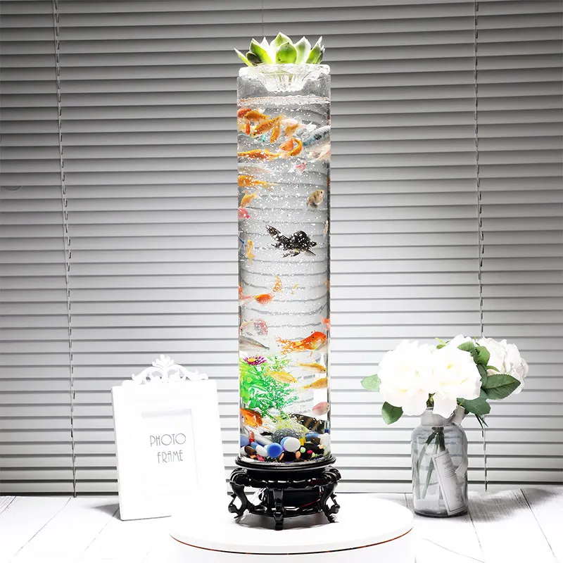 

Standing Barrel Shape Fish Tank 360 Ultra Clear Glass Fish Bowl Desktop Mini Ecological Aquarium Room Decor with LED Air Pump