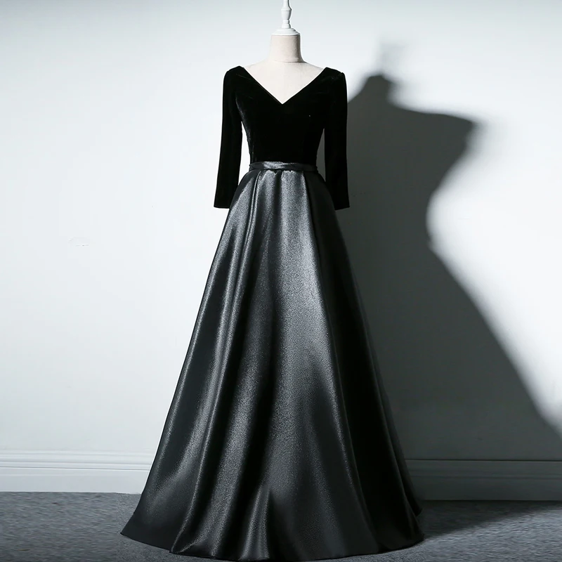 2019 New Black V neck Satin Long Evening Dress Simple Vintage Prom Gowns Vestido De Festa Long 