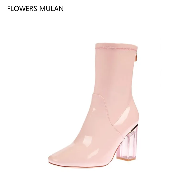 

Clear Block Heels Women Boots Round Toe 2018 New Arrival Ankle Booties Zip Back Grey Pink Blue Fashion High Heels Shoes Woman