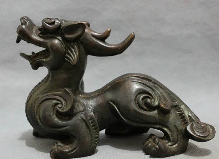 

song voge gem S4187 8" Chinese Bronze FengShui Wealth Kylin Dragon Head Unicorn Statue Sculpture