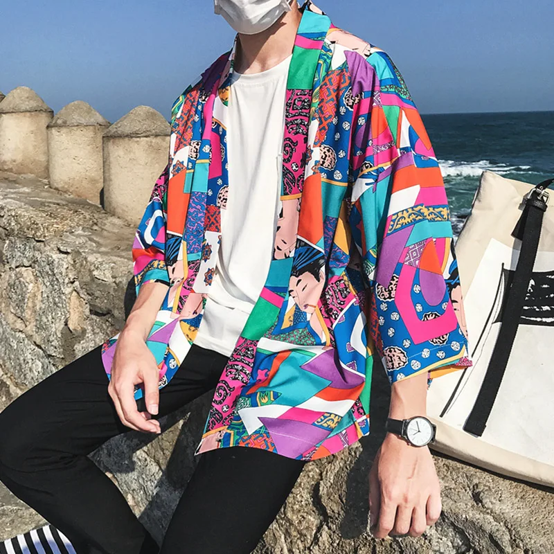Japanese Ukiyoe Kimono Jackets 2019 Mens Harajuku Streetwear Jacket Coat Spring Summer Hip Hop Thin Gown Japan Style Hipster