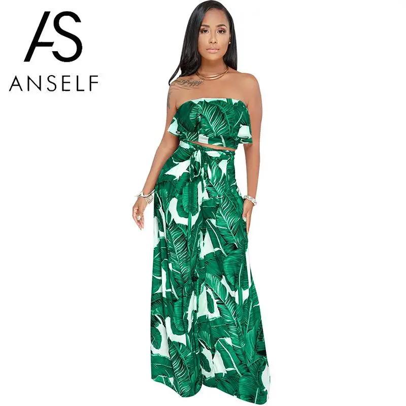 

Anself Womens Two Piece Sets 2019 Leaves Print Bandeau Strapless Cropped Top Pants High Waist Ruffle Wide Loose Legs Sexy Suits