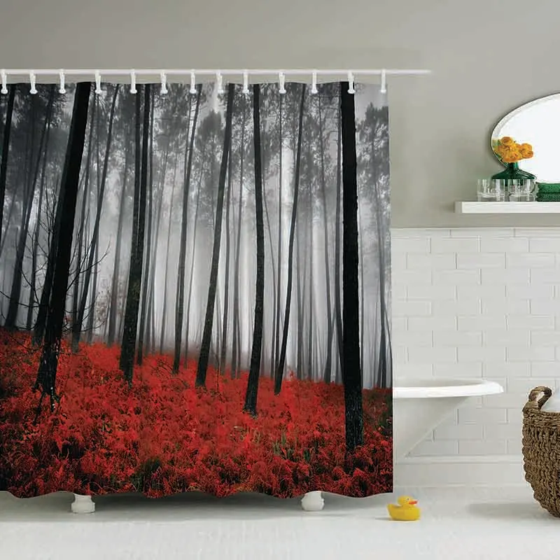 Red Gray Mystic Forest Shower Curtain Set Black White Gray Redin