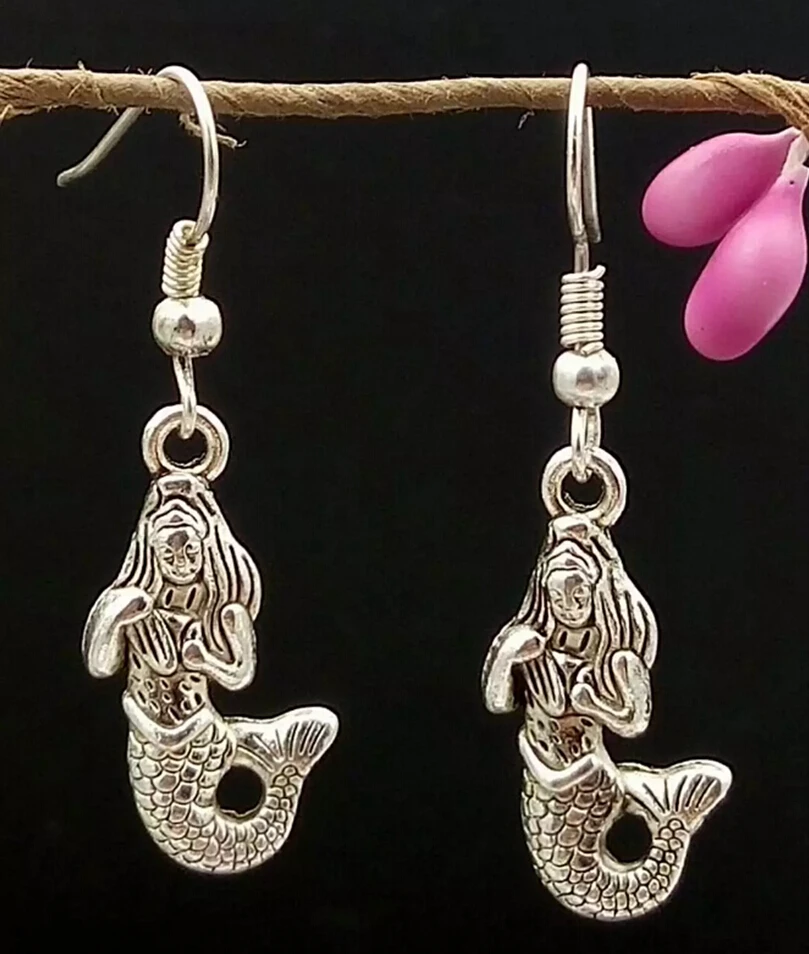 10 pcs Antique Silver Plated Mermaid Dangle Earrings Mermaid Charm