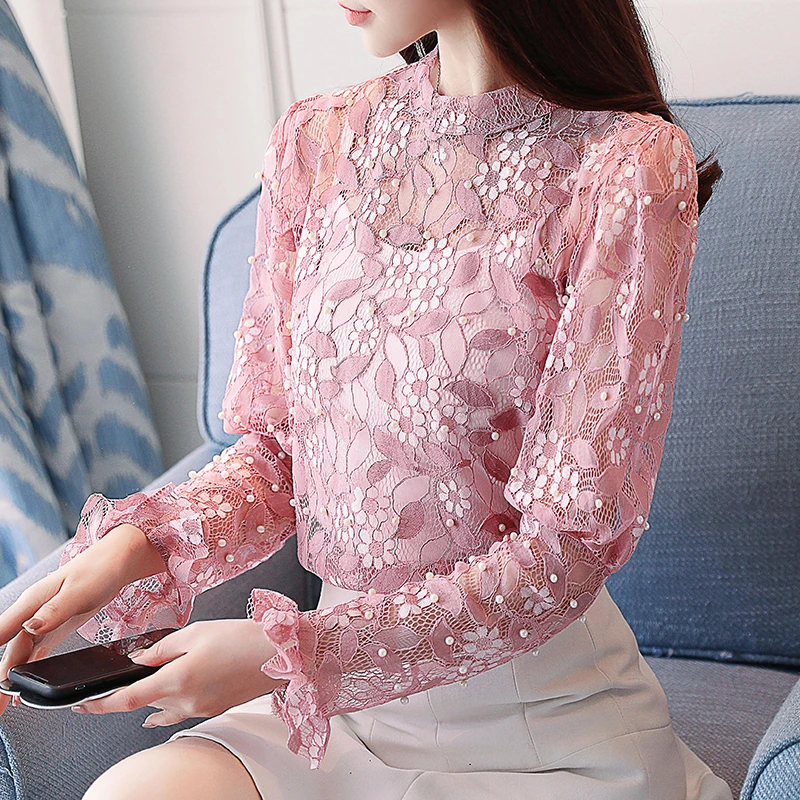 fashion woman blouses 2018 long sleeve lace women's shirt hollow out floral clothing sweet beading solid feminine blouse 0795 30 fashion woman blouses 2018 long sleeve lace women's shirt hollow out floral clothing sweet beading solid feminine blouse 0795 30
