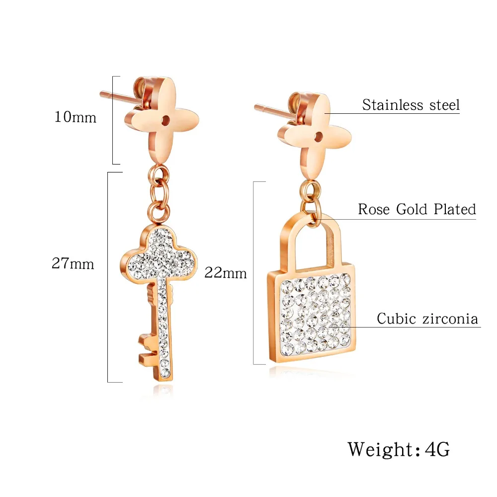 Новая мода розовое золото нержавеющая сталь висячие серьги асимметрия кисточкой ключ& замок мозаичный Циркон женский подарочный набор украшений для ушей EZ039