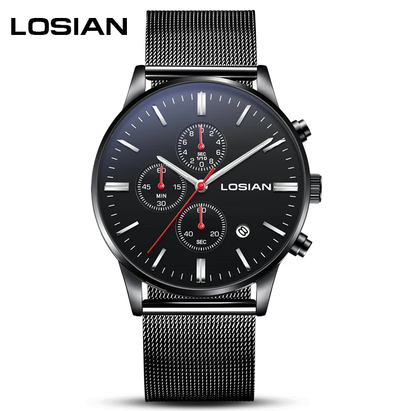 

Losian Watch Men Luxury Waterproof Second Chronograph Date Function Watch Men Black Stainless Steel Relogios Zegarek