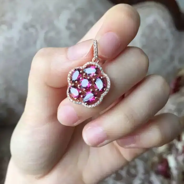 

natural red garnet stone pendant S925 silver Natural gemstone Pendant Necklace trendy Elegant plum women girl gift jewelry