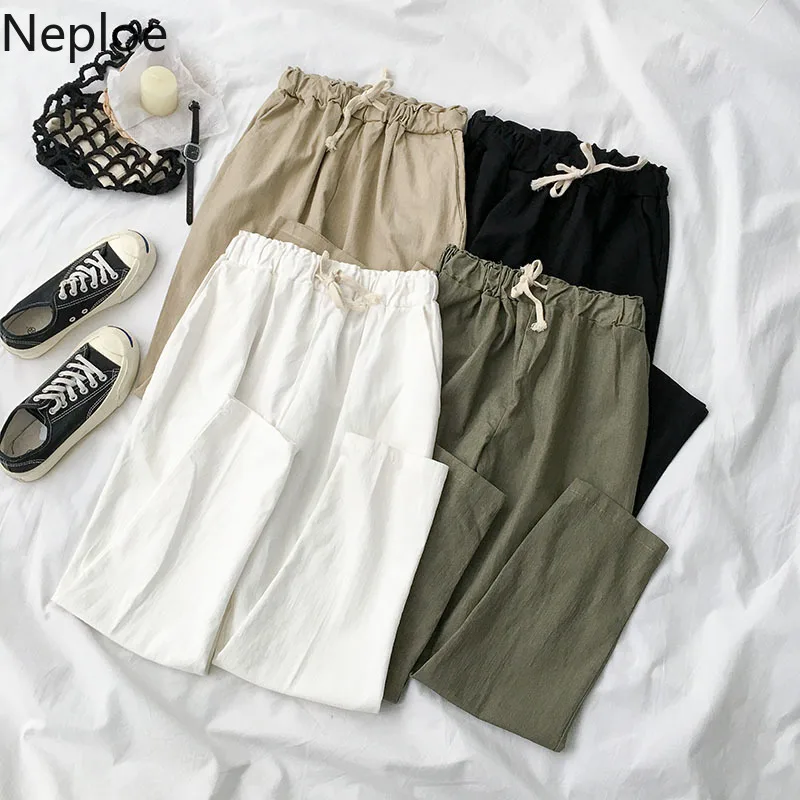 

Neploe Cotton Linen Trousers Solid Korean Wide Leg Pants for Women Spring Summer Loose Drawstring Elastic Waist Femme Pantalon