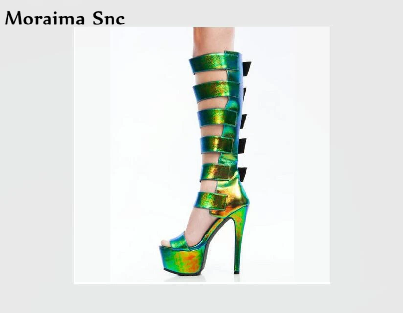 

Moraima Snc summer women sandals over-the-knee peep toe high heel platform Narrow band hook party shoes fretwork fashion women