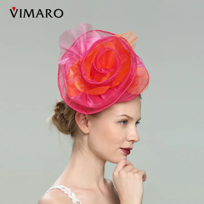 VIMARO Fuchsia And Orange Sinamay Wedding Fascinator Party Hair Accessories For Women Jewelry Hairbands Headpiece Church | Украшения и