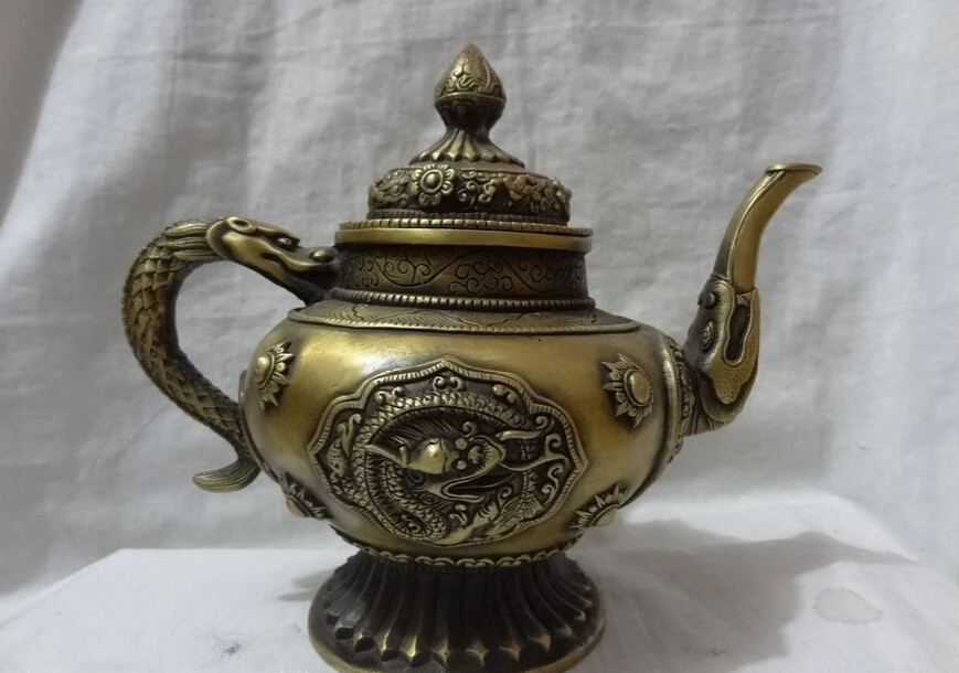 

song voge gem S4620 9" Chinese Bronze 8 Auspicious Symbol Statue Dragon Buddhism Wine Pot Teapot