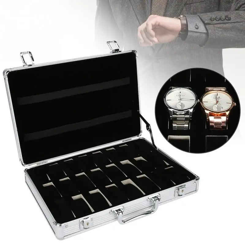 

24 Grid Slots Aluminium Watch Boxes Display Case Jewelry Collection Casket Storage Organizer Wristwatch Suede Inside Box Holder
