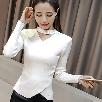 

Knitted Women Pullovers Chic Choker Sweater Vogue V-Neck Knitting Tops Casual Women Slim Solid Color Harajuku Sweater Pullovers
