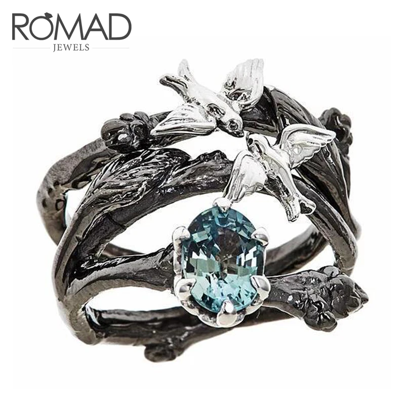 

ROMAD Vintage Tree & Birds Ring Jewelry Black Gold Filled Romantic Big Blue CZ Ring Women Dropshipping Bands Finger Ring R3