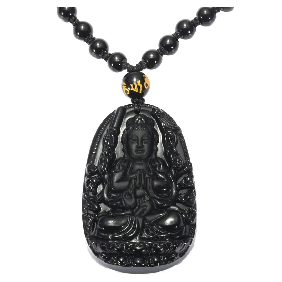 

Natural Black Obsidian Hand-Carved Buddha Amulet Pendant Beads Necklace Gift Box