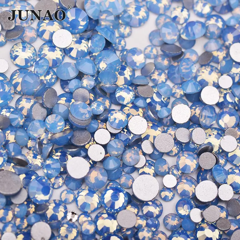 JUNAO ss6 ss8 ss10 ss16 Mix Size Opal Pink Crystal Glitter Round Rhinestones Glass Nail Art Stones Non Hotfix Strass for Dress C - Цвет: Opal Blue