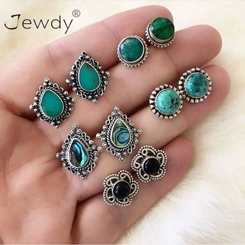 

5 Pairs/Set Vintage Black Green Stone Earrings Set for Woman Crystal Silver Color Geometric Stud Earring Jewelry Boucle Brincos