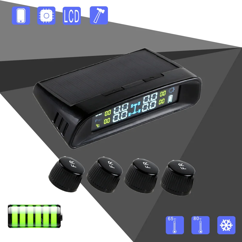 

Car Security Solar TPMS Tire Pressure Temperature Monitoring System Wireless with 4 External Sensor with LCD Displayer Prevent
