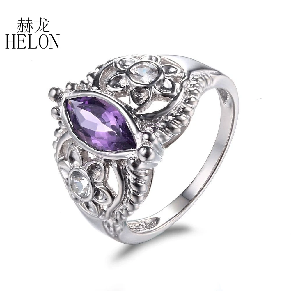 

HELON Solid 14K White Gold 10x5mm Marquise 1.22ct Amethyst & White Topaz Engagement Wedding Ring Fashion Jewelry Women's Ring