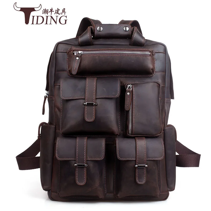 

TIDING Luxury Genuine Crazy Horse Leather Solid Color Backpack Vintage Style Bagpack Travel Luggage Bag