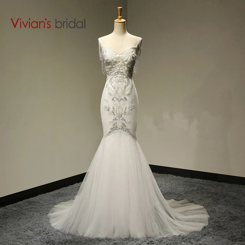 

Mermaid V Neck Heavy Beaded Wedding Dress Sweep Train Anna Campbell Wedding Gown With Back Bow WB032