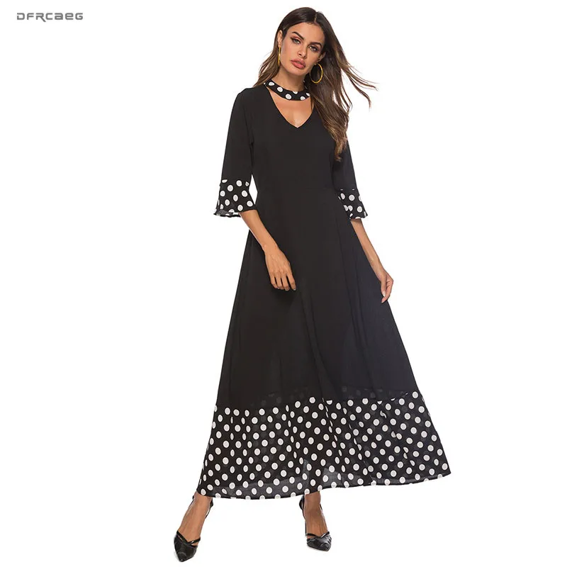 Black Polka Dot Print Patchwork Maxi Dresses For Woman 2019 Summer Short Sleeve Elegant Robe Femme Vintage Vestidos Longo | Женская