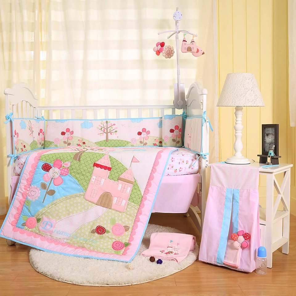 

2018 wholesale 6pcs pink castle baby crib bedding set for girls oeko tex 100 including comforter,crib sheet, crib skirt, blanket