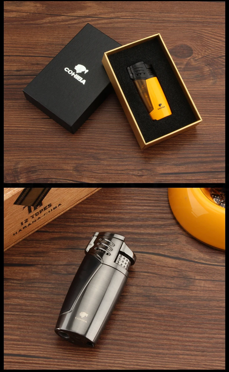 COHIBA многоразового ветрозащитные сигары и авто прикуриватели металла газовая горелка для сигарет Зажигалки с подарочной коробке сигары удар