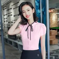 Летние женские Рабочие блузки и рубашки розовые с коротким рукавом женские офисные блузки женские OL стили