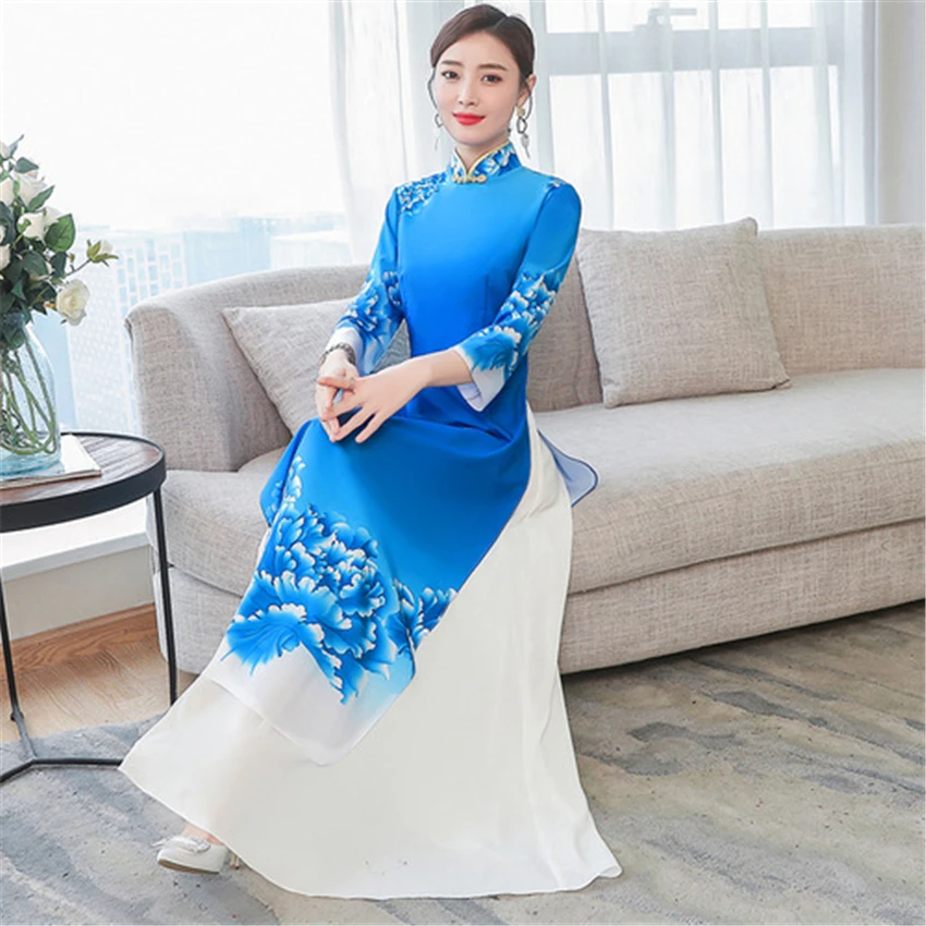 Традиционная вьетнамская одежда Aodai Vietmam одежда синий цветочный Азиатский китайский стиль Cheongsam для женщин Ao Dai Qipao платье