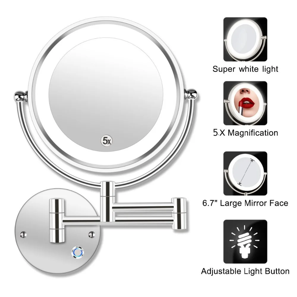 

8.5" LED Double Sided Swivel Wall Mount Vanity mirror-5x Magnification,13.7" Extension,Touch Button Adjustable Light