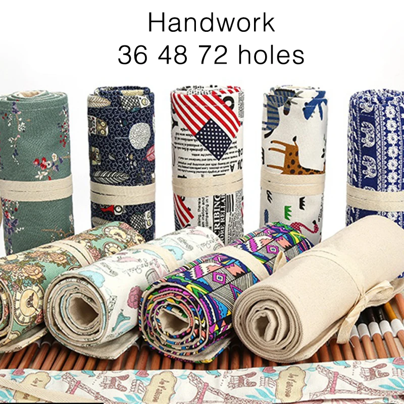 

36/48/72 Holes Roll Up Color Pencil Case Canvas Pouch Makeup Large Storage Pencil Box School Art Supplies Pen Cases Stationery
