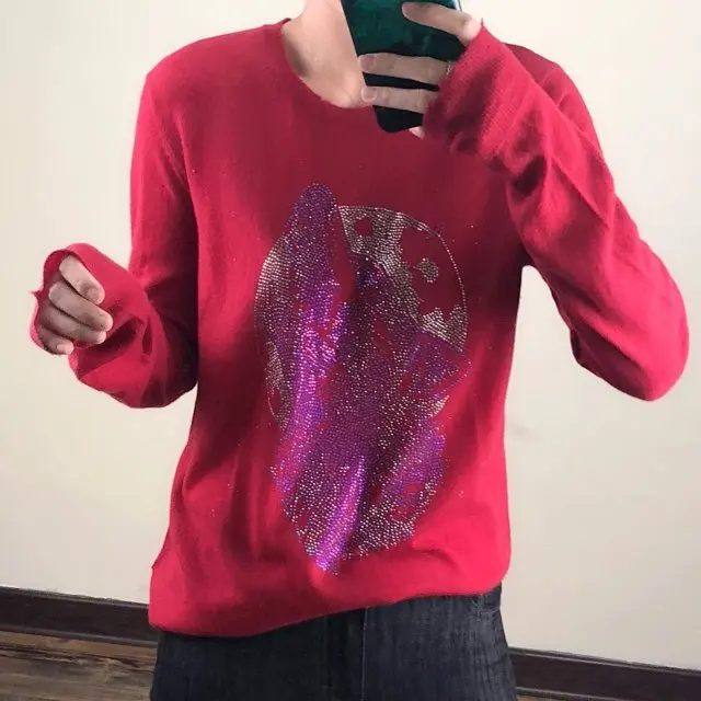 

Red 100% Worsted Cashmere Rhinestone Applique Ripped Detail Long Sleeve Round Neck Sweater