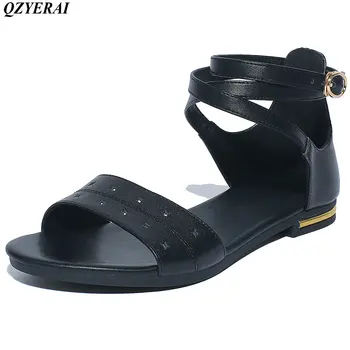 

New design for 2018 100% cowhide summer flat sandals sexy bags and women's shoes strap sandals size34-46
